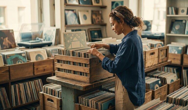 Eine junge Frau mit hochgesteckten Haaren und Stirnband stöbert konzentriert in einer Holzkiste voller Vinyl-Schallplatten in einem gemütlichen Plattenladen mit warmem Vintage-Licht.
