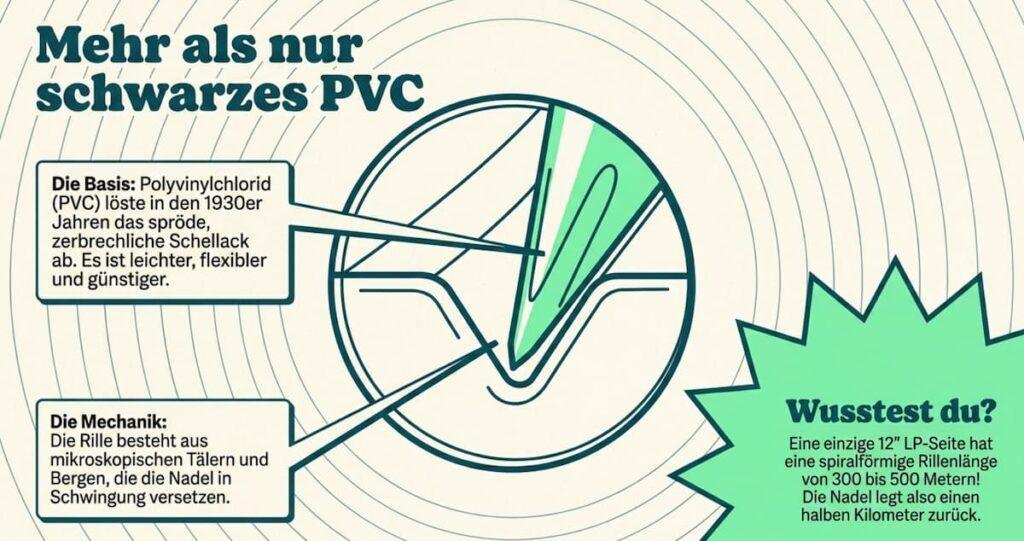 Infografik „Mehr als nur schwarzes PVC“ von From Her Crate über die chemische Basis von Schallplatten, die Mechanik der mikroskopischen Rillen und einen „Wusstest du schon?“-Fakt über die Rillenlänge einer 12″-LP