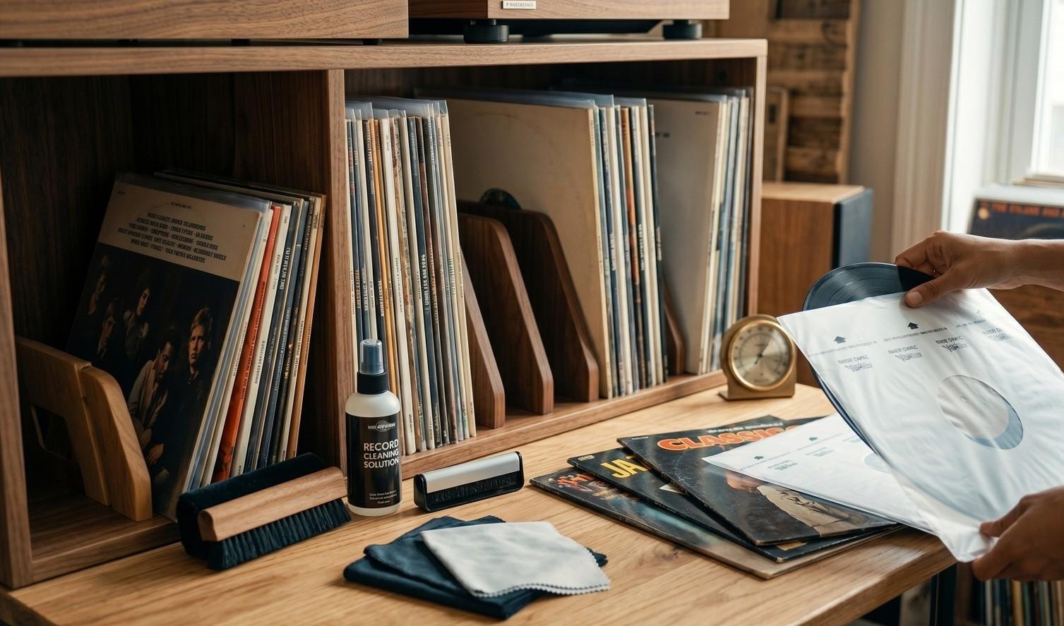Eine Nahaufnahme zeigt, wie eine Hand eine Vinyl-Schallplatte vorsichtig in eine schützende weiße Innenhülle schiebt, auf einem Holztisch mit Plattenreinigungsset und gut gefüllten Schallplattenregalen.