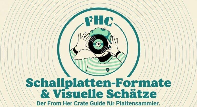 Retro-Grafik für den Guide Schallplatten-Formate & Visuelle Schätze von From Her Crate mit dem runden FHC-Logo und feinen Schallplattenrillen im Hintergrund.