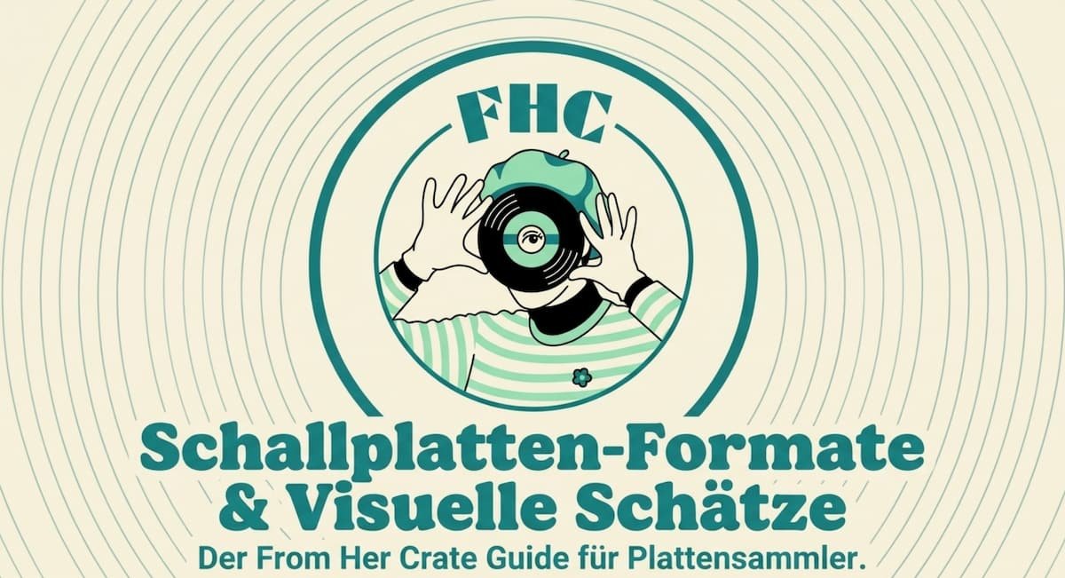 Retro-Grafik für den Guide Schallplatten-Formate & Visuelle Schätze von From Her Crate mit dem runden FHC-Logo und feinen Schallplattenrillen im Hintergrund.