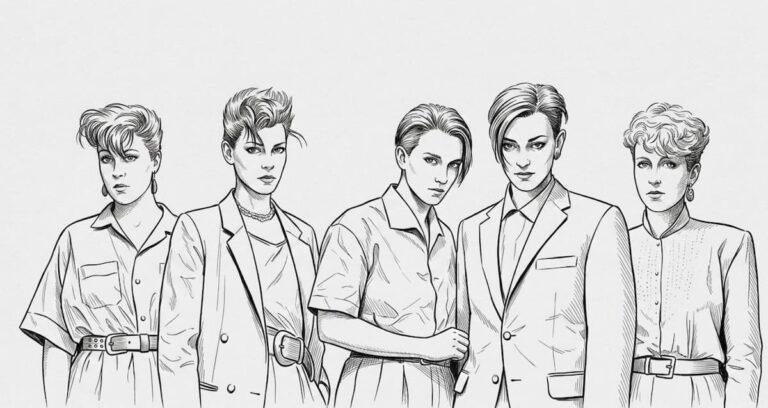 Schwarz-weiße Grafik-Illustration der Berliner New-Wave- und Post-Punk-Ikonen Malaria! mit fünf Bandmitgliedern im androgynen 80er-Jahre-Look