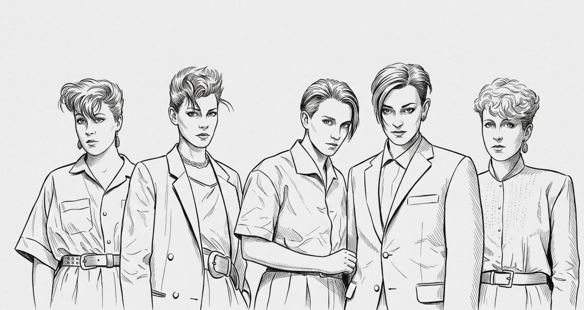 Schwarz-weiße Grafik-Illustration der Berliner New-Wave- und Post-Punk-Ikonen Malaria! mit fünf Bandmitgliedern im androgynen 80er-Jahre-Look