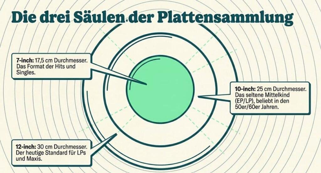 Infografik „Die drei Säulen der Plattensammlung“ von From Her Crate mit einem Größenvergleich der drei wichtigsten Schallplatten-Formate: 7-inch, 10-inch und 12-inch.