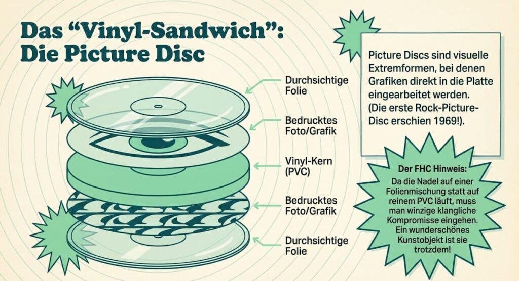 Technische Infografik „Das Vinyl-Sandwich: Die Picture Disc“ von From Her Crate mit einer Explosionszeichnung des Schichtaufbaus einer bedruckten Bildschallplatte.