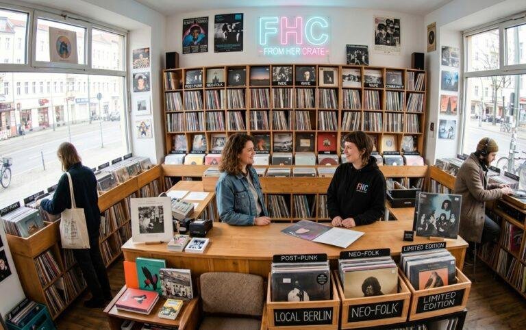 Zwei Frauen im Gespräch an der hölzernen Ladentheke eines hellen, gemütlichen Plattenladens in Berlin mit großen Regalen voller Vinyl-Schallplatten und einem leuchtenden FHC From Her Crate Neon-Schild an der Wand.