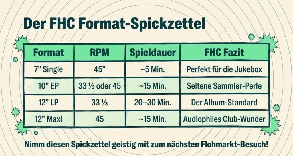 Infografik „Der FHC Format-Spickzettel“ von From Her Crate mit einer tabellarischen Übersicht zu Schallplatten-Formaten, Umdrehungen pro Minute (RPM), Spieldauer und Sammler-Fazit.