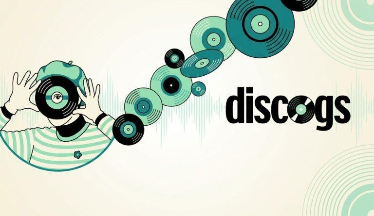 Retro-Illustration im Mint- und Petrol-Design mit einer Person, die sich eine Vinyl-Schallplatte wie eine Maske vor das Auge hält, umgeben von schwebenden Schallplatten und dem Discogs-Logo auf hellem Hintergrund.