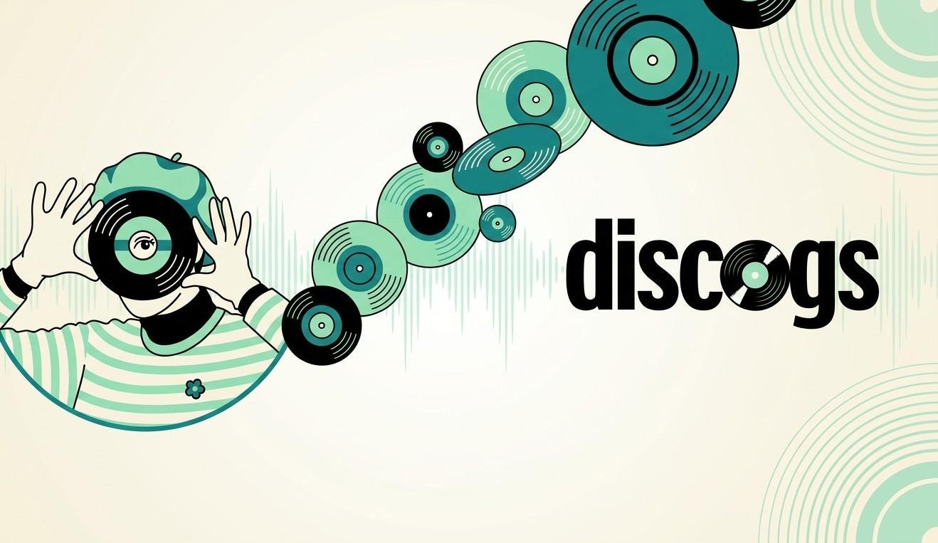 Retro-Illustration im Mint- und Petrol-Design mit einer Person, die sich eine Vinyl-Schallplatte wie eine Maske vor das Auge hält, umgeben von schwebenden Schallplatten und dem Discogs-Logo auf hellem Hintergrund.