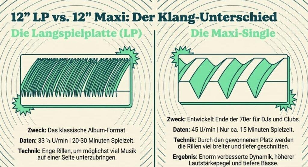 Infografik „12″ LP vs. 12″ Maxi: Der Klang-Unterschied“ von From Her Crate mit einem visuellen Vergleich der Rillenbreite und Dynamik von Langspielplatten und Maxi-Singles.