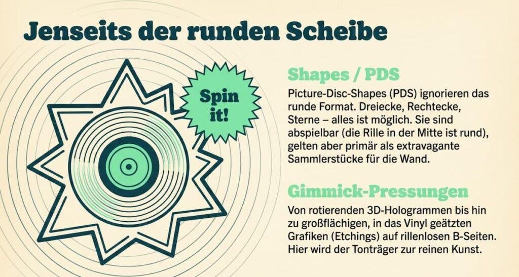 Infografik „Jenseits der runden Scheibe“ von From Her Crate über unkonventionelle Schallplatten-Formate wie Picture-Disc-Shapes (PDS) und Gimmick-Pressungen wie Etchings.