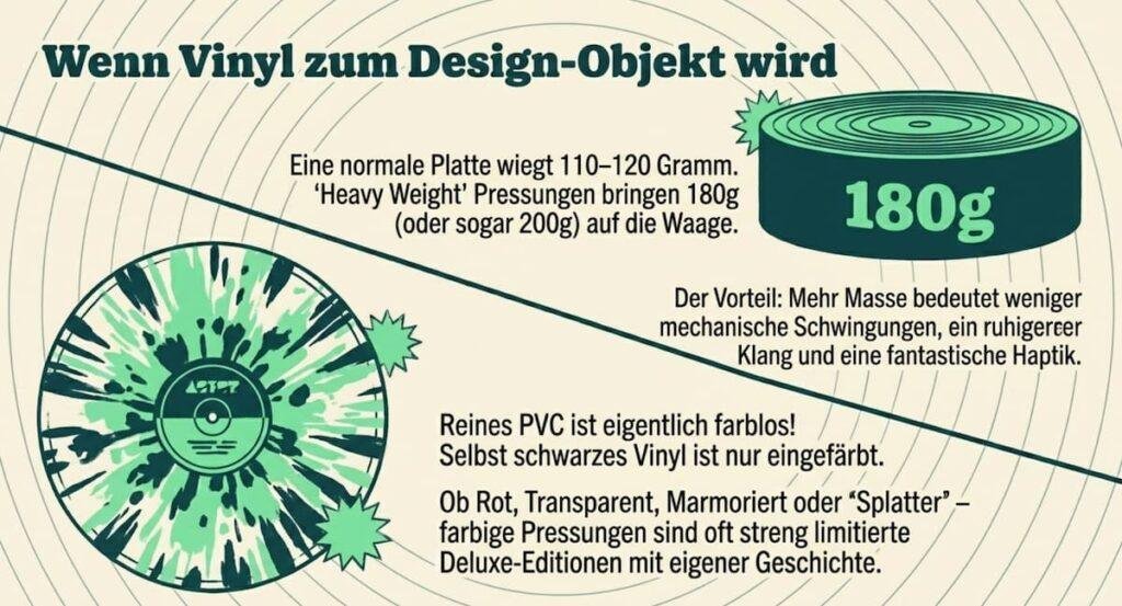 Infografik „Wenn Vinyl zum Design-Objekt wird“ von From Her Crate über 180g Heavy Weight Pressungen und die Besonderheiten von farbigem Vinyl wie Splatter oder Marmoriert.