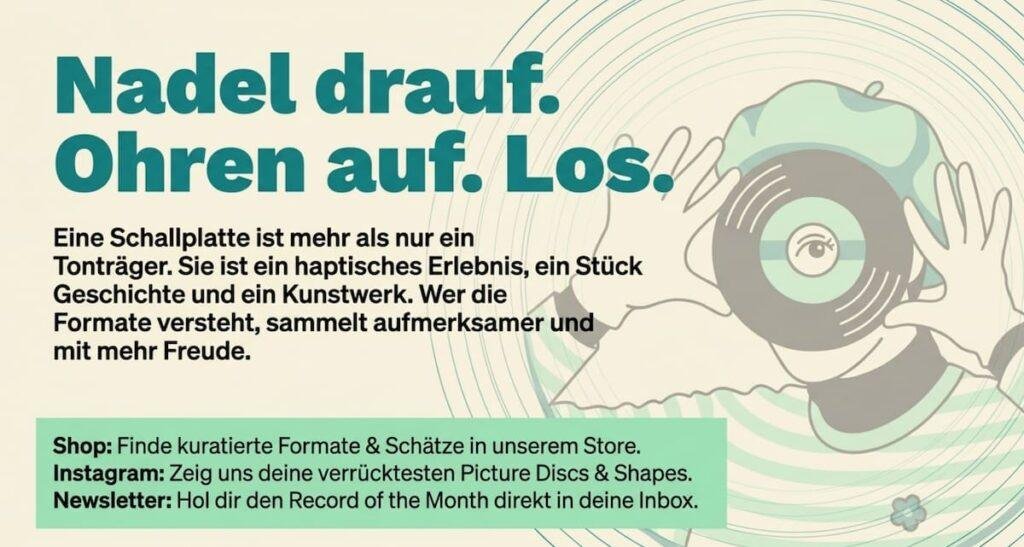 Retro-Grafik „Nadel drauf. Ohren auf. Los.“ von From Her Crate mit einer Zusammenfassung über das haptische Erlebnis von Schallplatten und Aufrufen zu Online-Shop, Instagram und Newsletter.
